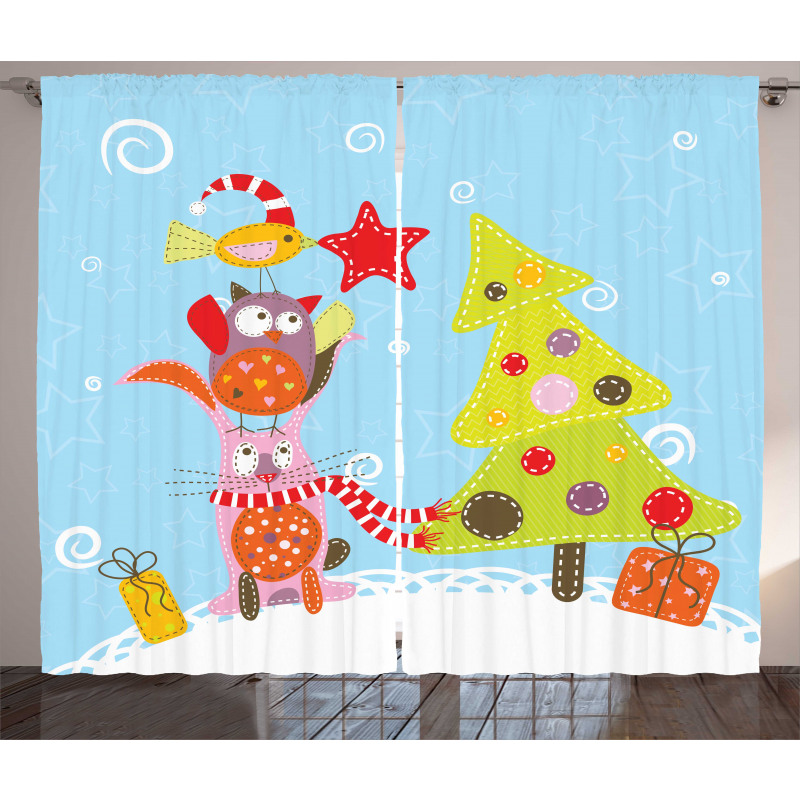 Cartoon Style Cat Owl Curtain