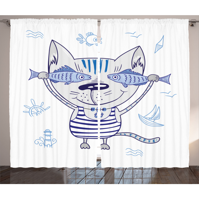 Kitty Holding Fishes Curtain