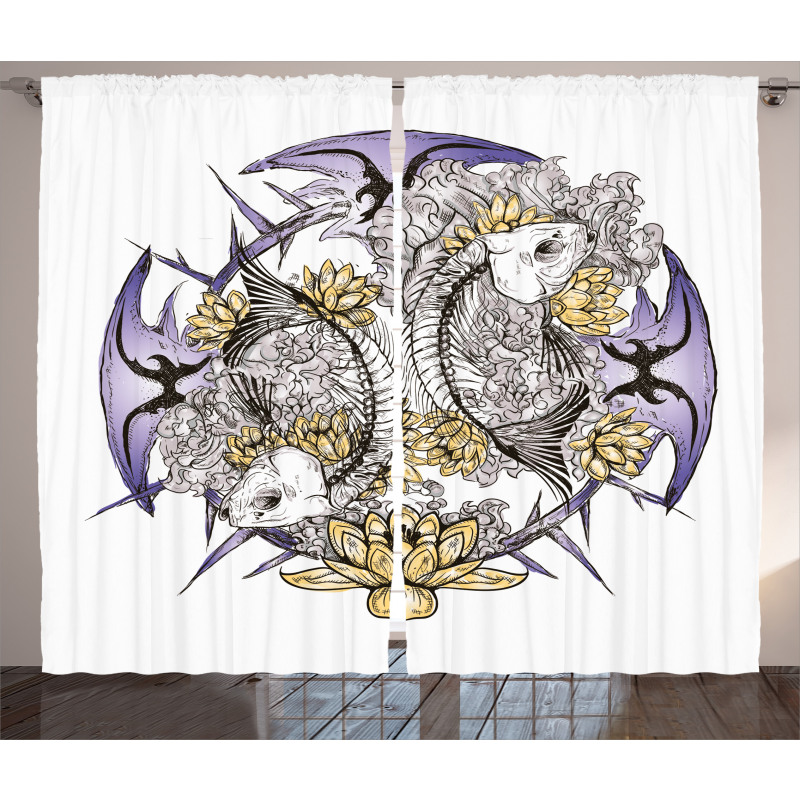 Fish Skeleton Lotus Art Curtain