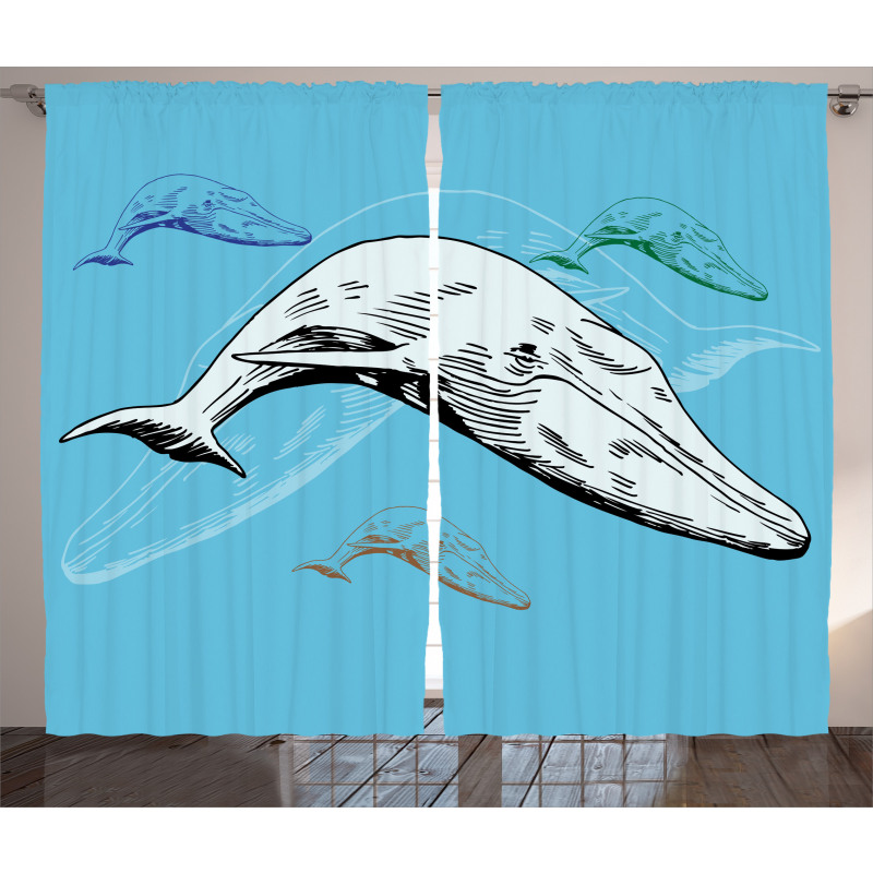 Ocean Whales Hand Drawn Curtain