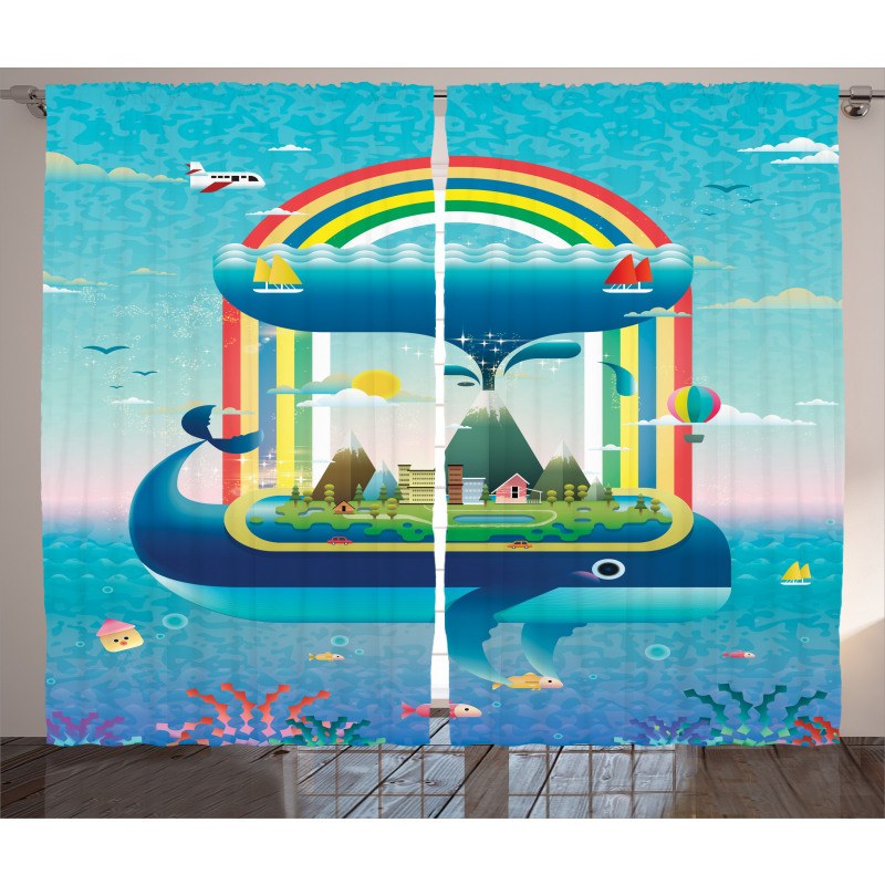 Whale Rainbow Ocean Art Curtain
