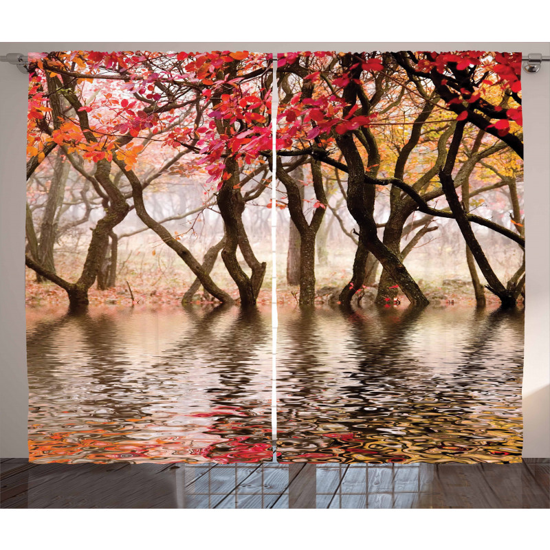 Fall Season River with Trees Curtain