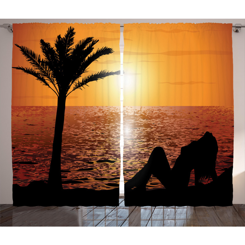Girl Tropic Beach with Sunset Curtain