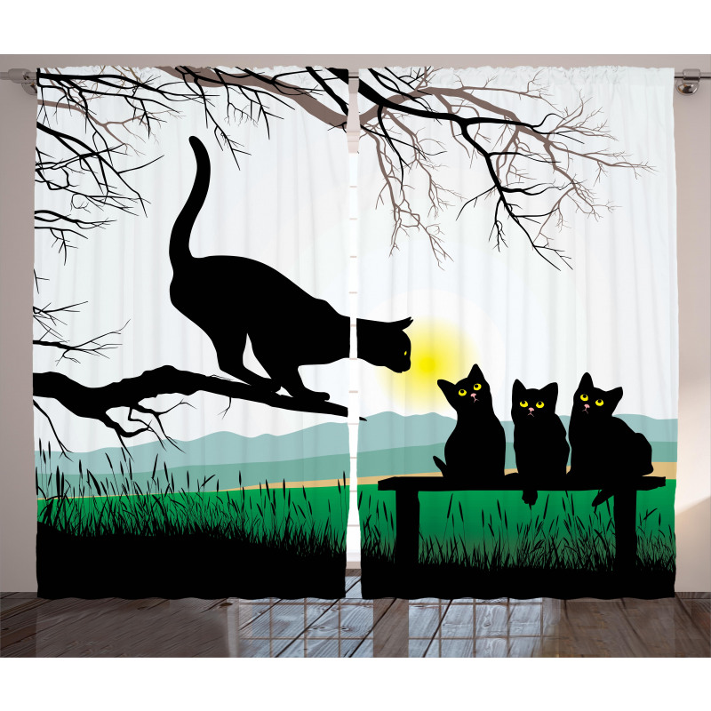 Mother Cat Baby Kittens Curtain