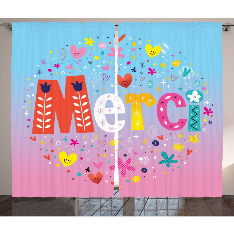 French Words with Hearts Curtain
