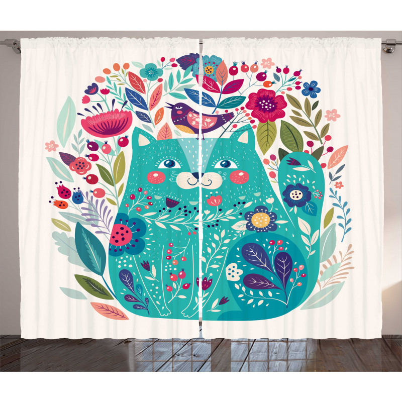 Kitty with Flower and Bird Curtain