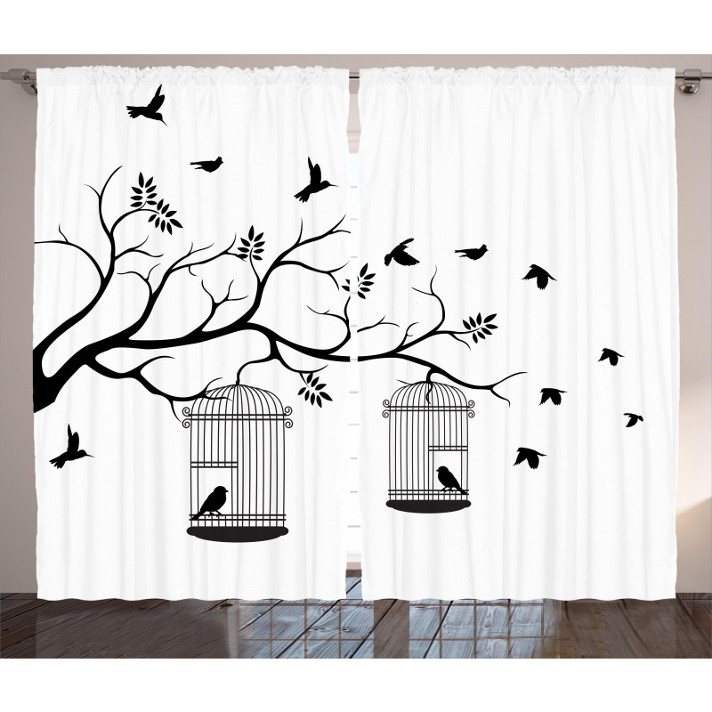 Birds Flying to Cages Curtain