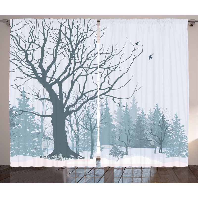 Snowy Forest Trees Birds Curtain