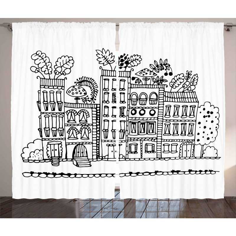 Sketchy Cartoon House Curtain