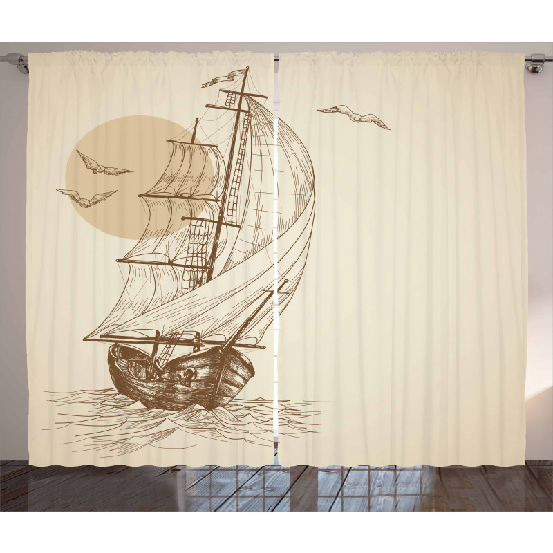 Sailing Ship Birds Sun Curtain