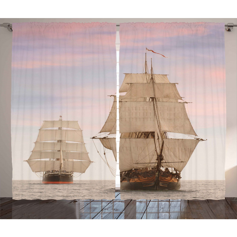 Wooden Sailing Ship Waves Curtain