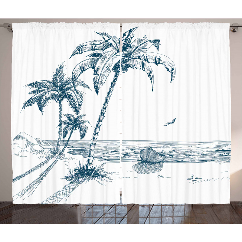 Palm Tree Boat Sketch Curtain