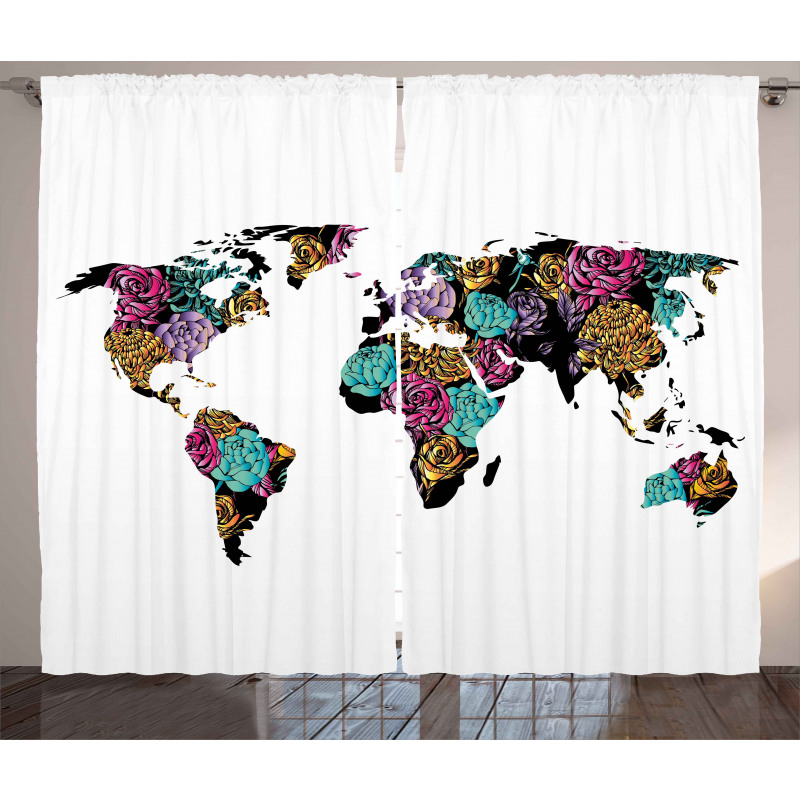 World Map Flowers Curtain