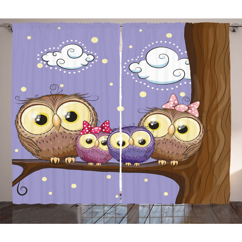 Cartoon Style Owl Family Curtain
