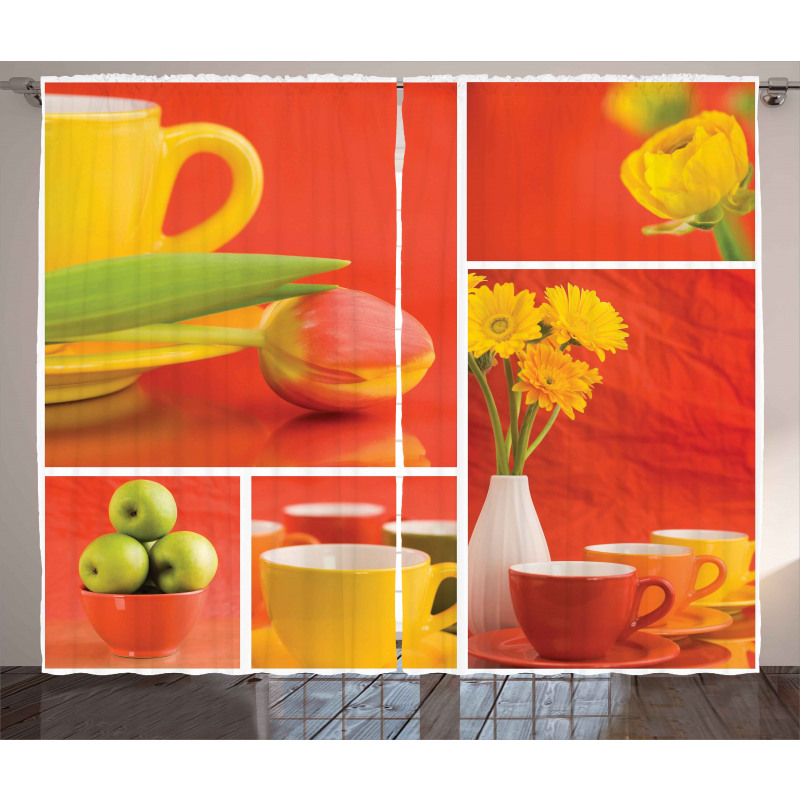 Coffee Cups Tulips Apples Curtain