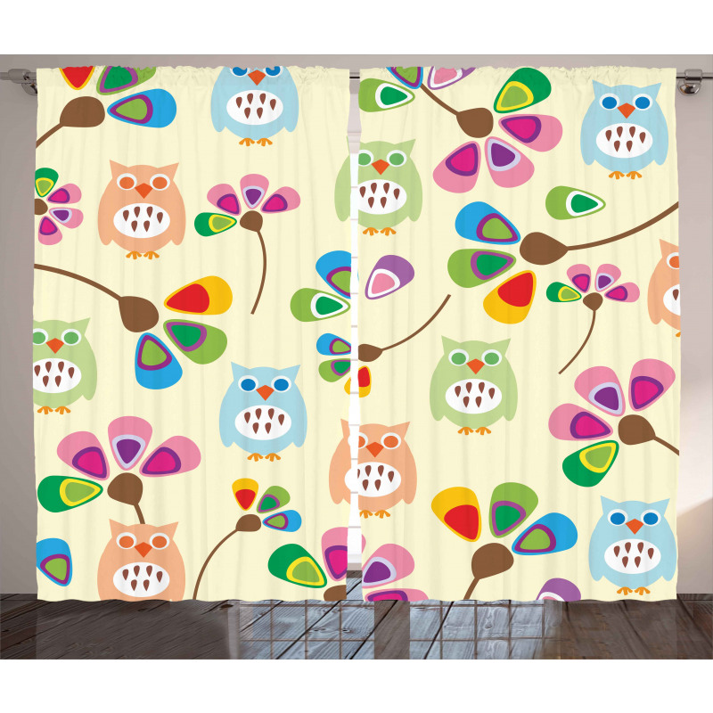 Owls Flowers Kids Room Curtain