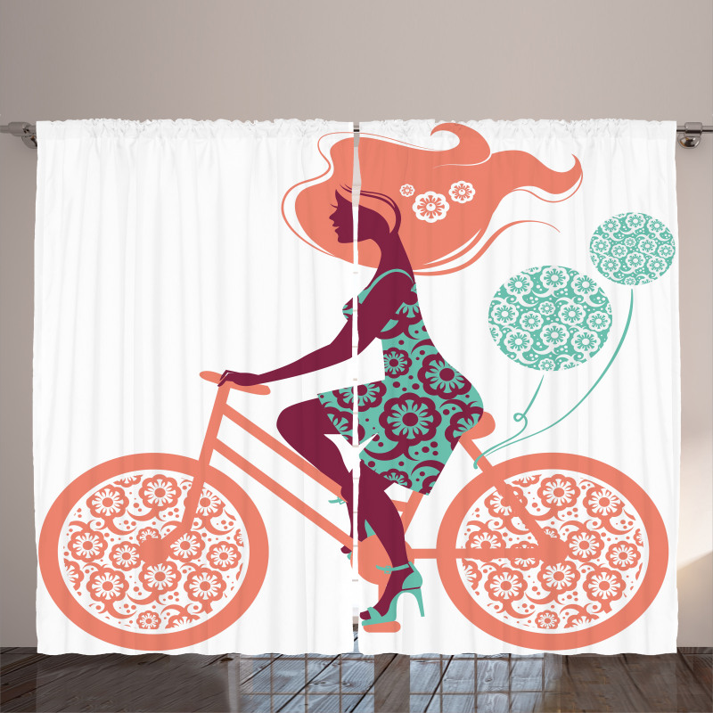 Coral Flowers Bikes Girl Curtain