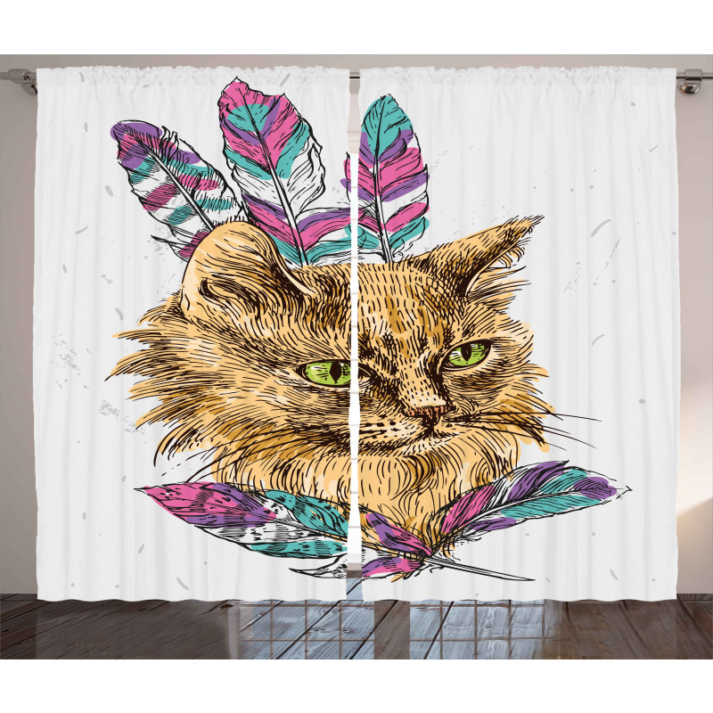 Cat with Colorful Feathers Curtain
