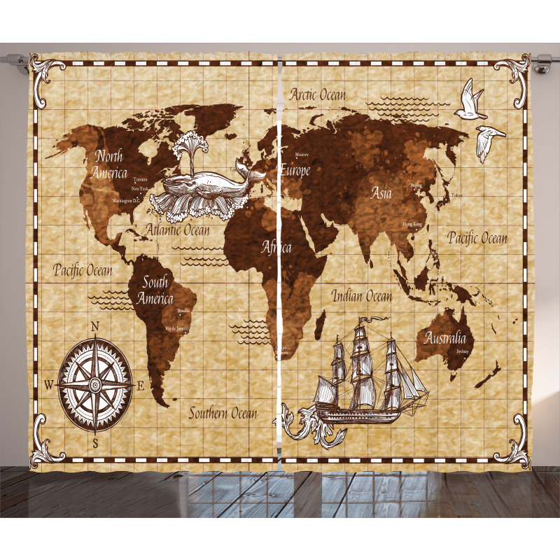 Retro Sketch World Map Curtain