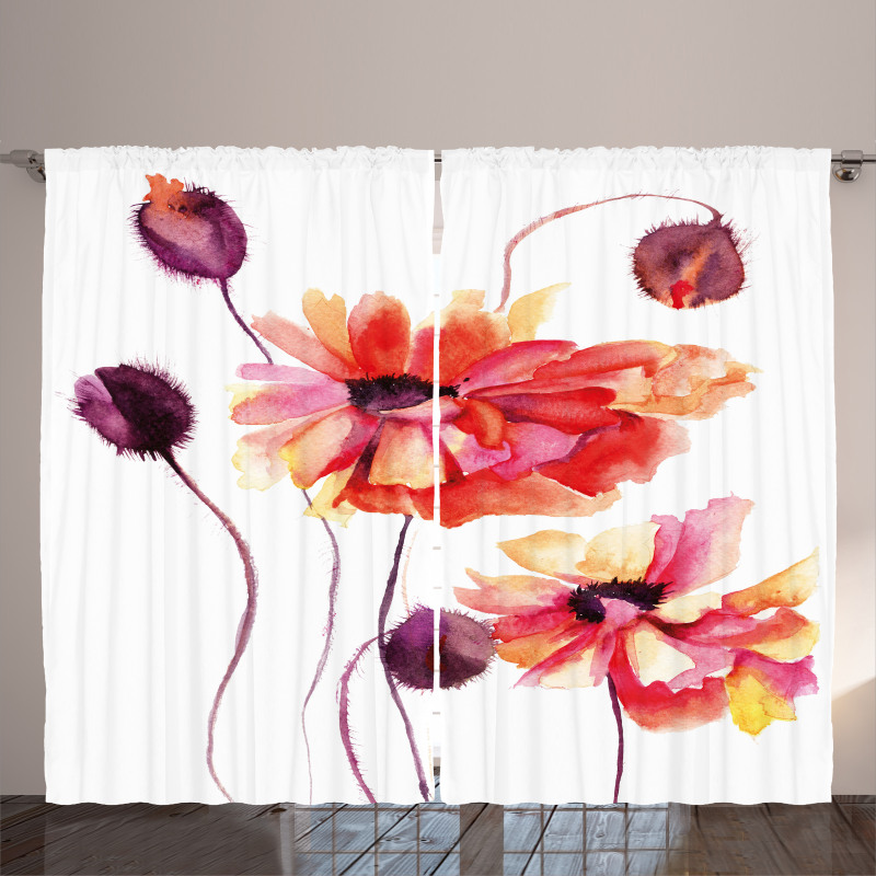 Watercolor Poppies Buds Curtain