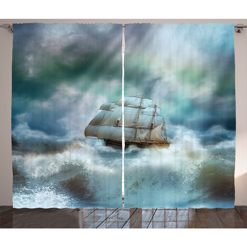 Pirate Ship on Wavy Sea Curtain