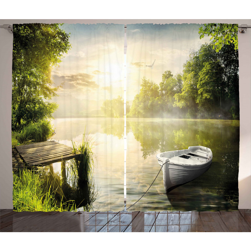 Boat by Foggy Lake Deck Curtain