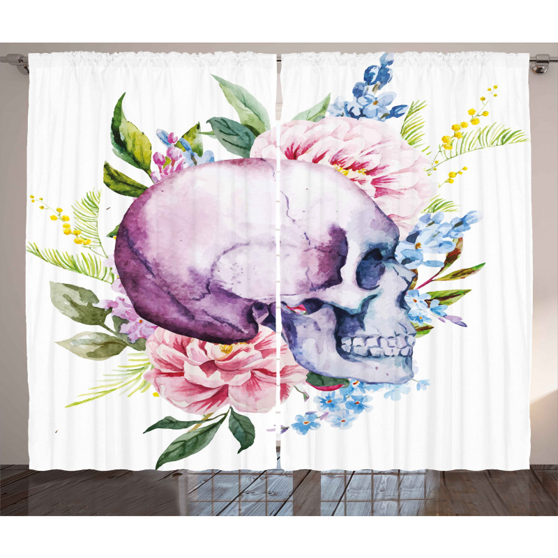 Abstract Skull Flowers Curtain