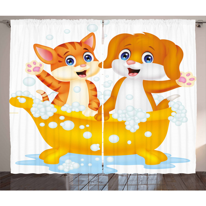 Cartoon Cat and Dog Bath Curtain