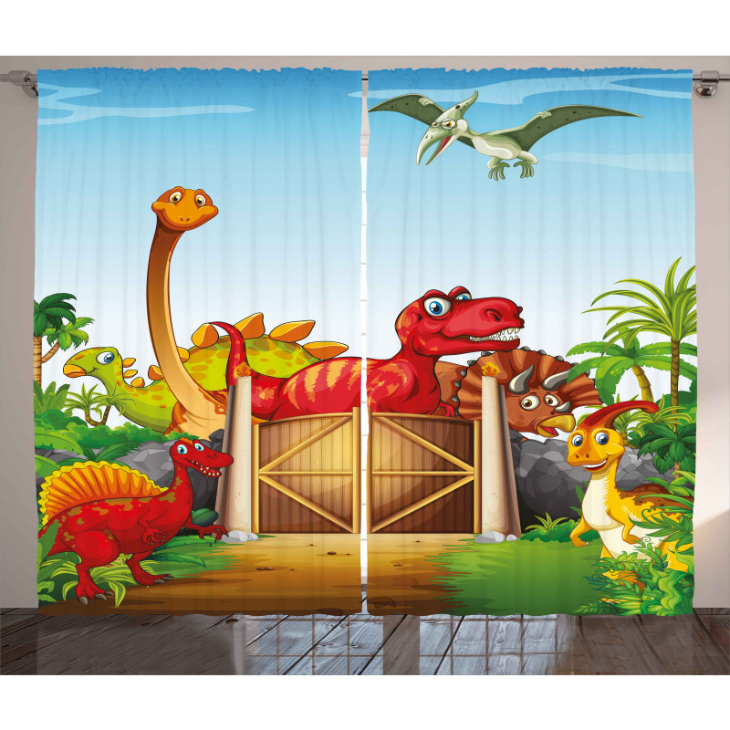 Cartoon Dinosaurs in Park Curtain