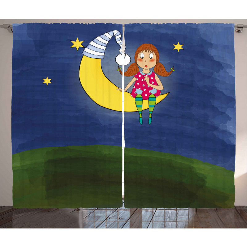 Girl on Moon Words Artwork Curtain