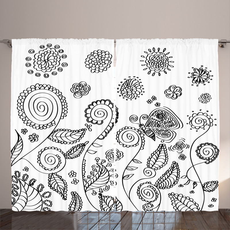 Doodle Swirled Flowers Curtain