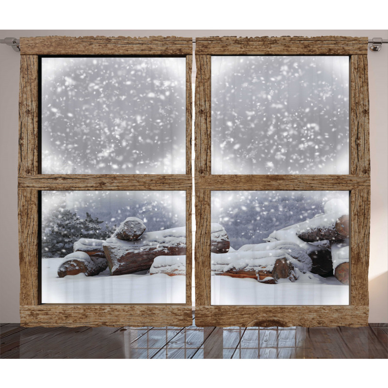 Rustic Snowy Woodsy Frame Curtain