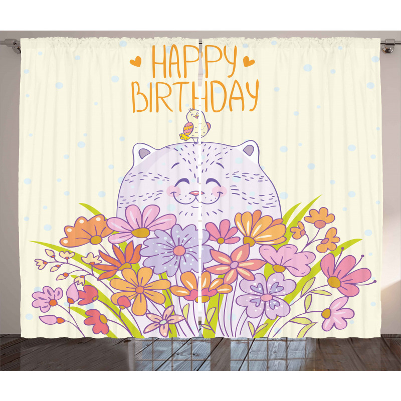 Happy Cat Bird Flowers Curtain