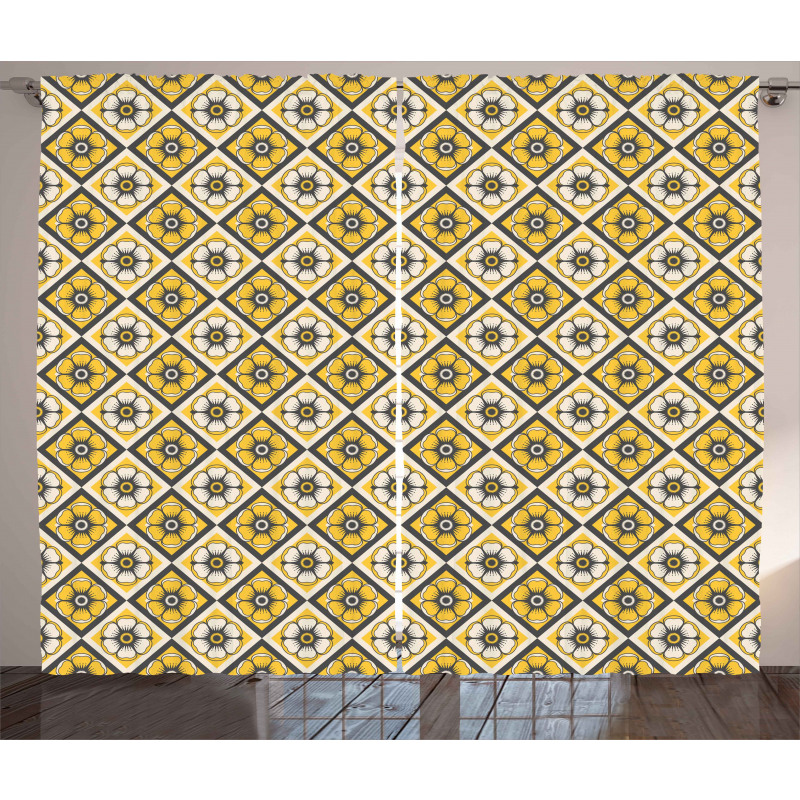 Yellow Tile Flowers Curtain