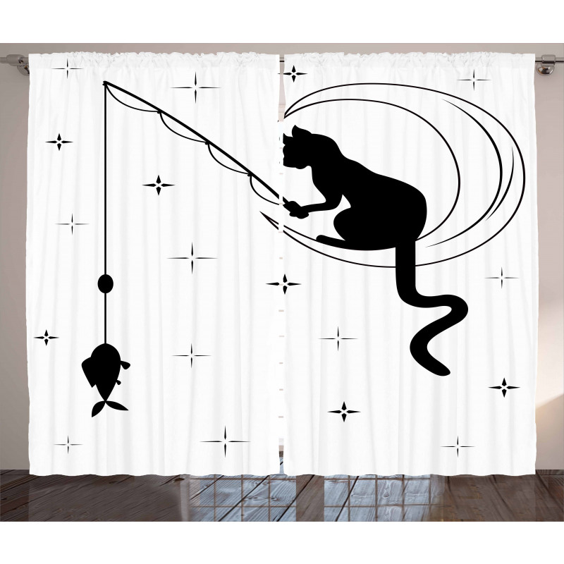 Fishing Kitty on Moon Art Curtain