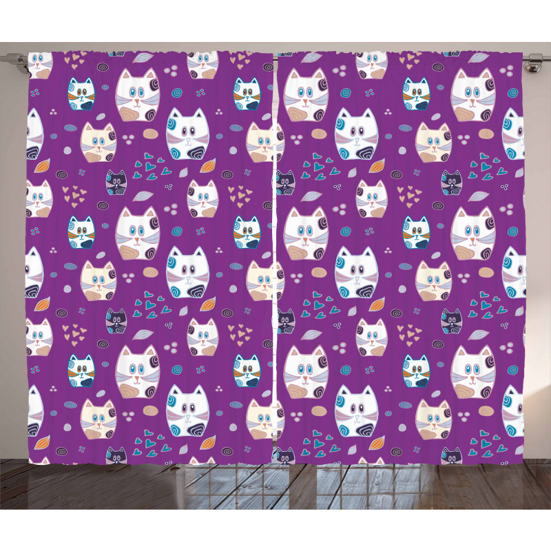 Doodle Cartoon Kittens Curtain