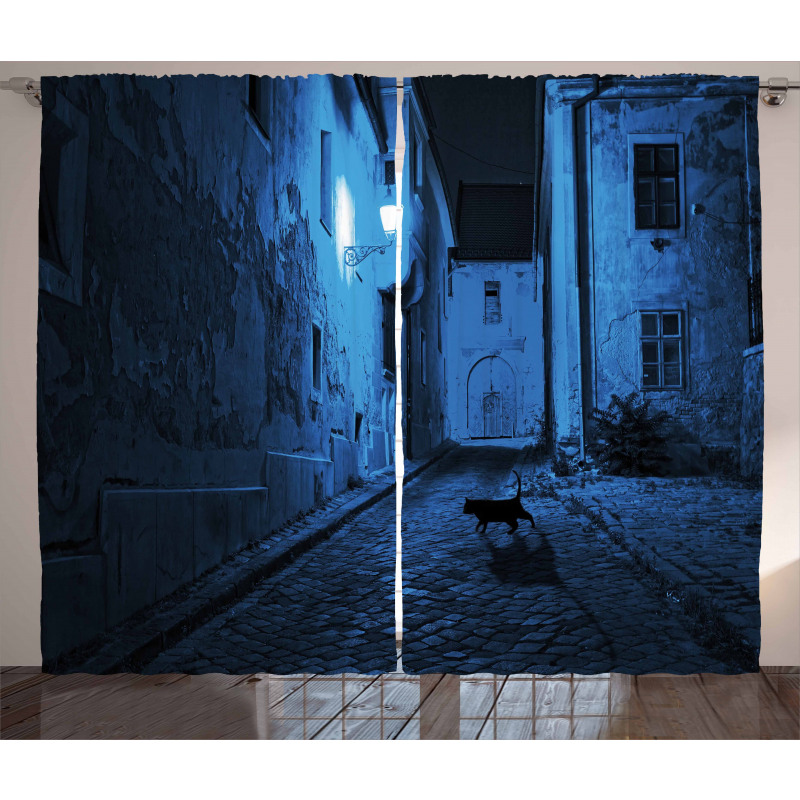 Black Cat Deserted Street Curtain