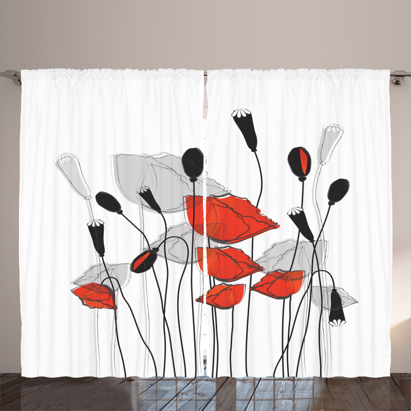 Hand Drawn Poppy Flowers Curtain