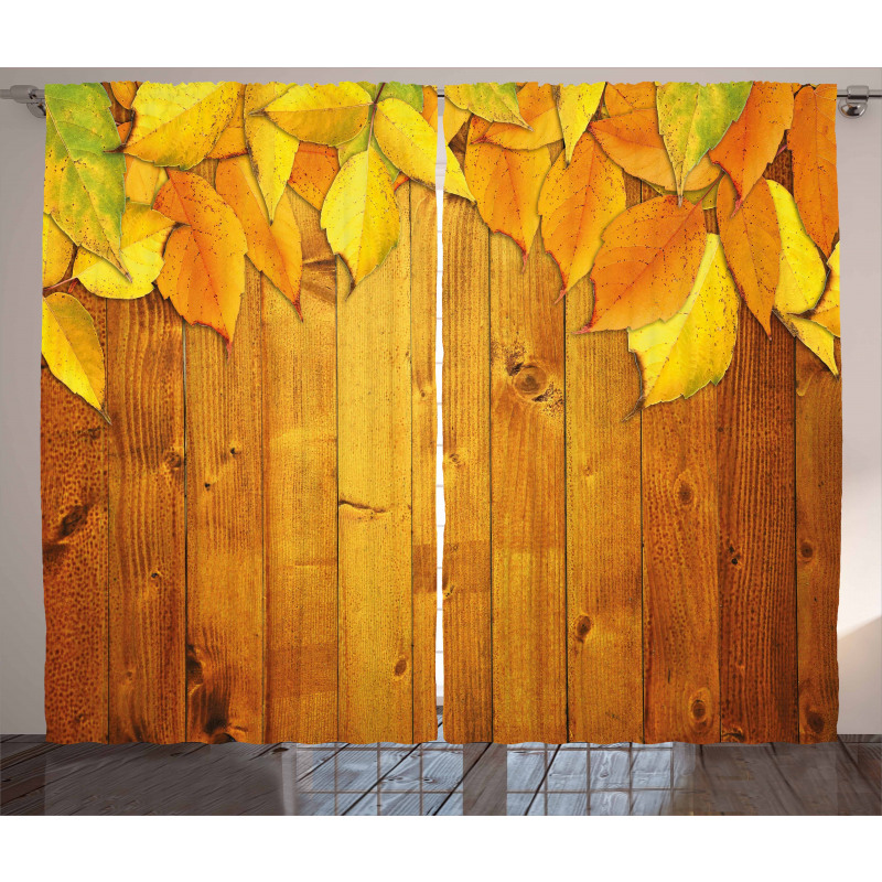 Leaves on Wooden Planks Curtain