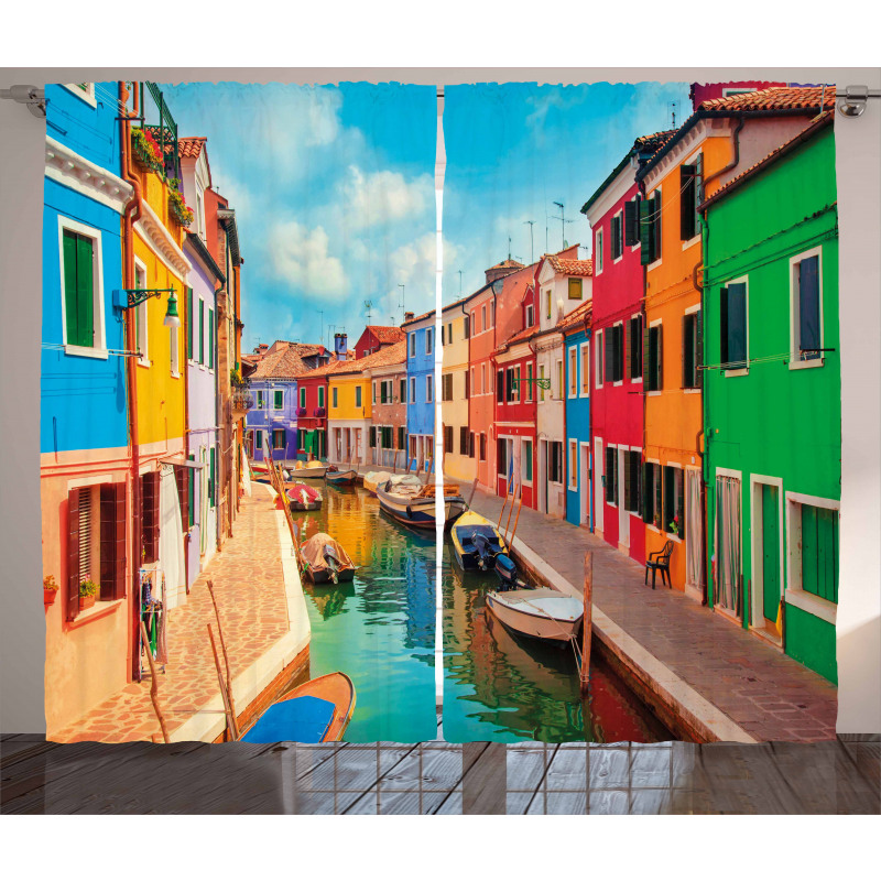 Colorful Buildings Boats Curtain