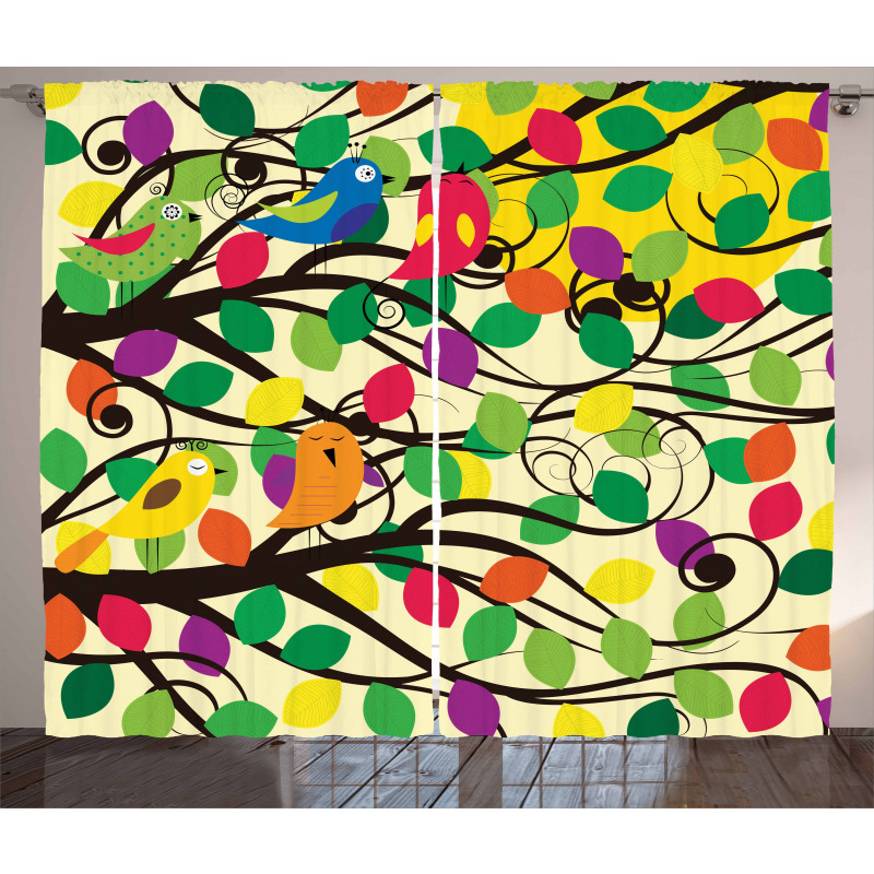 Happy Birds Colorful Tree Curtain