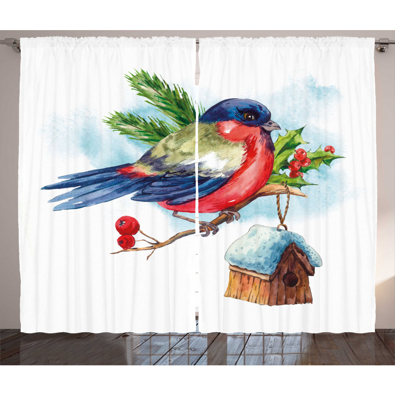 Christmas Bird Holly Pine Curtain