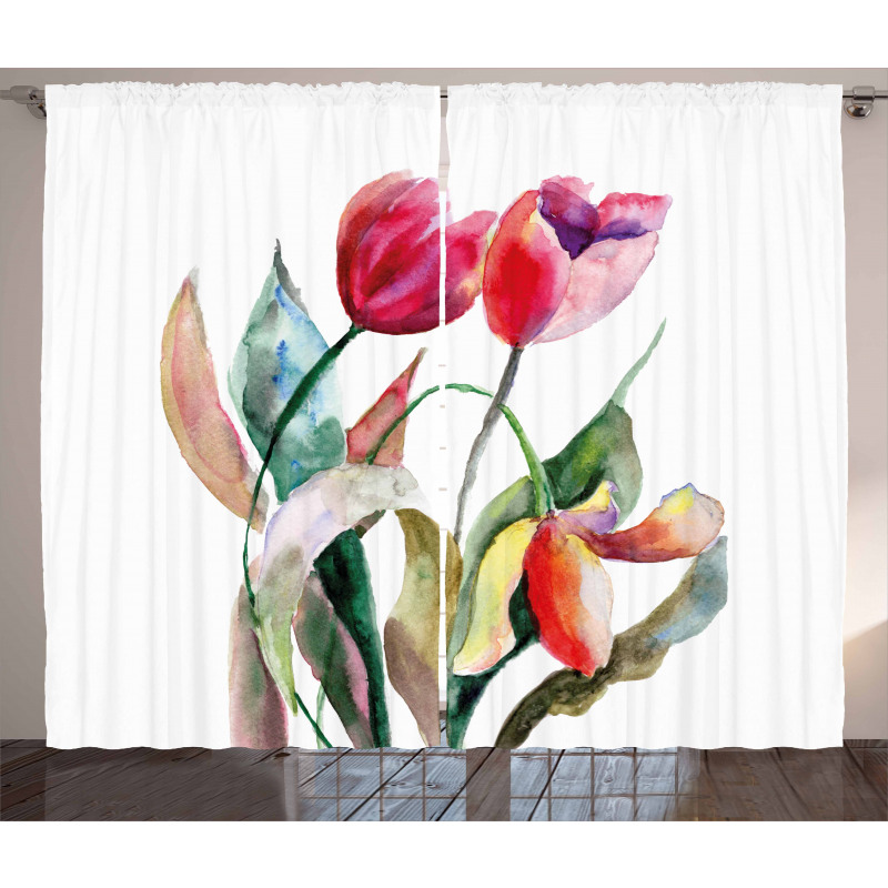 Watercolor Tulip Flowers Curtain