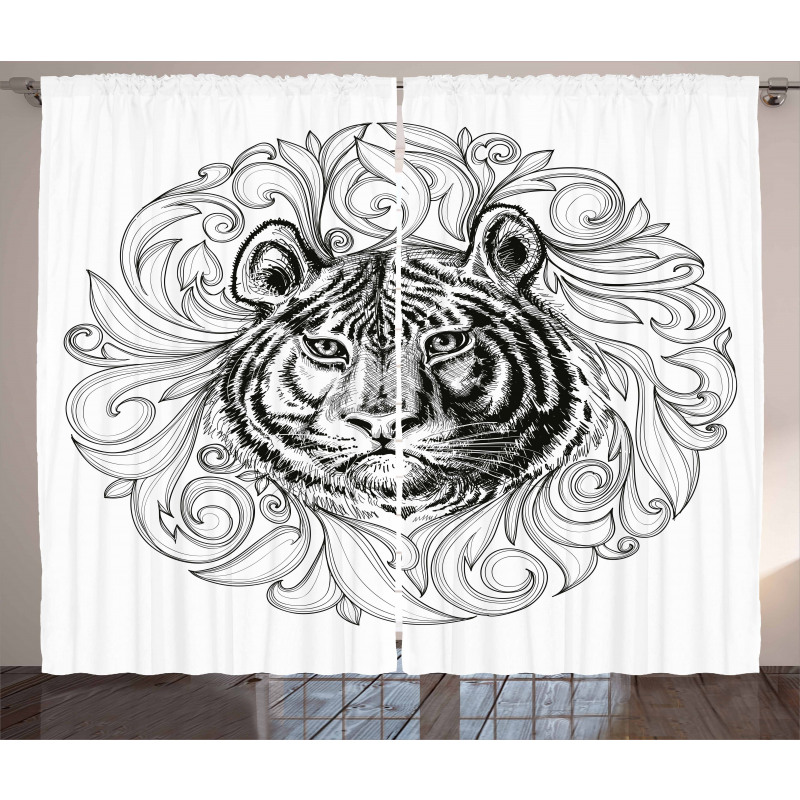 Monochrome Feline Leaves Curtain