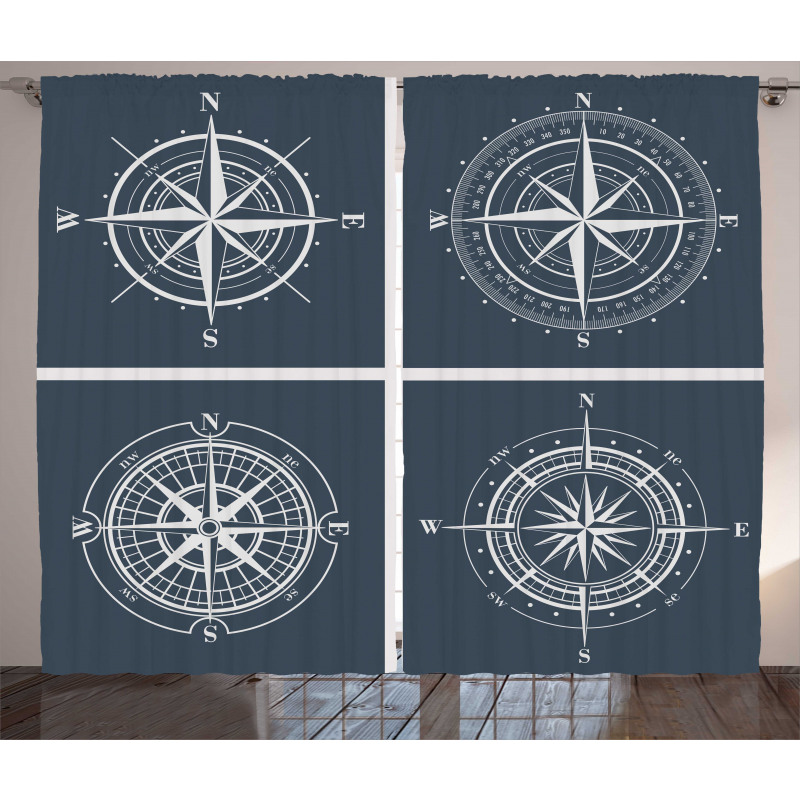 Denizcilik Perde Farklı Şekillerde 4 Ayrı Pusula Figürü