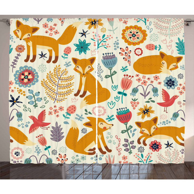 Foxes Ornate Flowers Birds Curtain