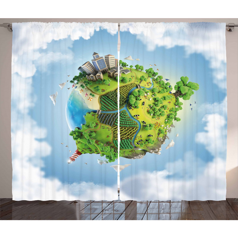 Cartoon Globe Greenery Curtain