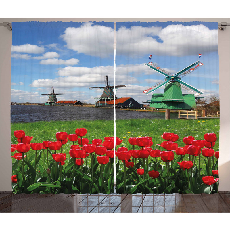 Red Color Tulips Field Curtain