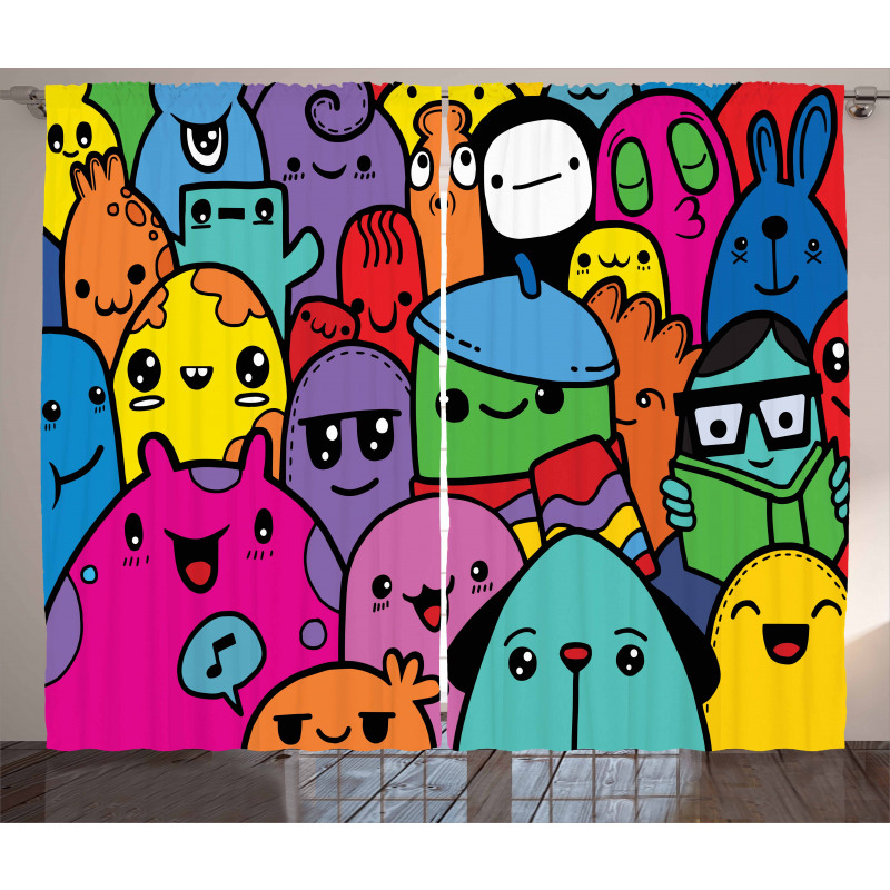 Colorful Doodle Monsters Curtain