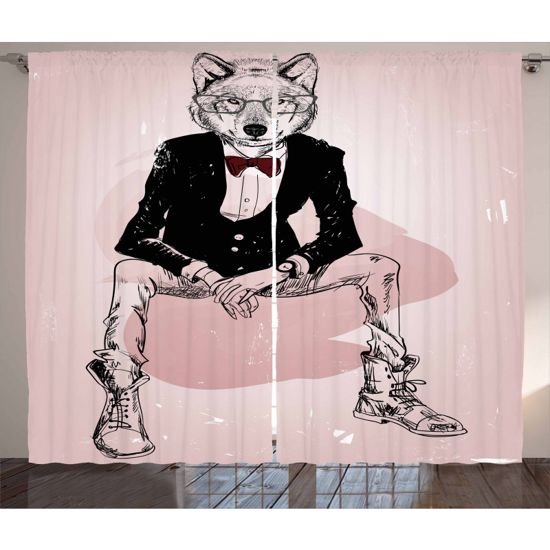 Hipster Wild Wolf Glasses Curtain